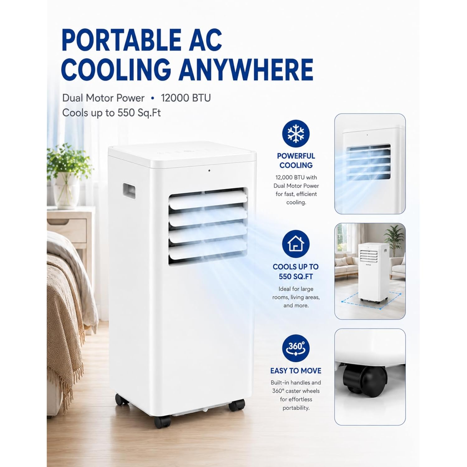 Coolblus 12000 Btu Portable Air Conditioners, 3-In-1 Ac Unit Cools Up To 550 Sq.Ft. With Remote Control/Smart Sleep Mode/24Hrs Timer/Window Installation Kit & Filter Cleaning Brush, White-12000Btu
