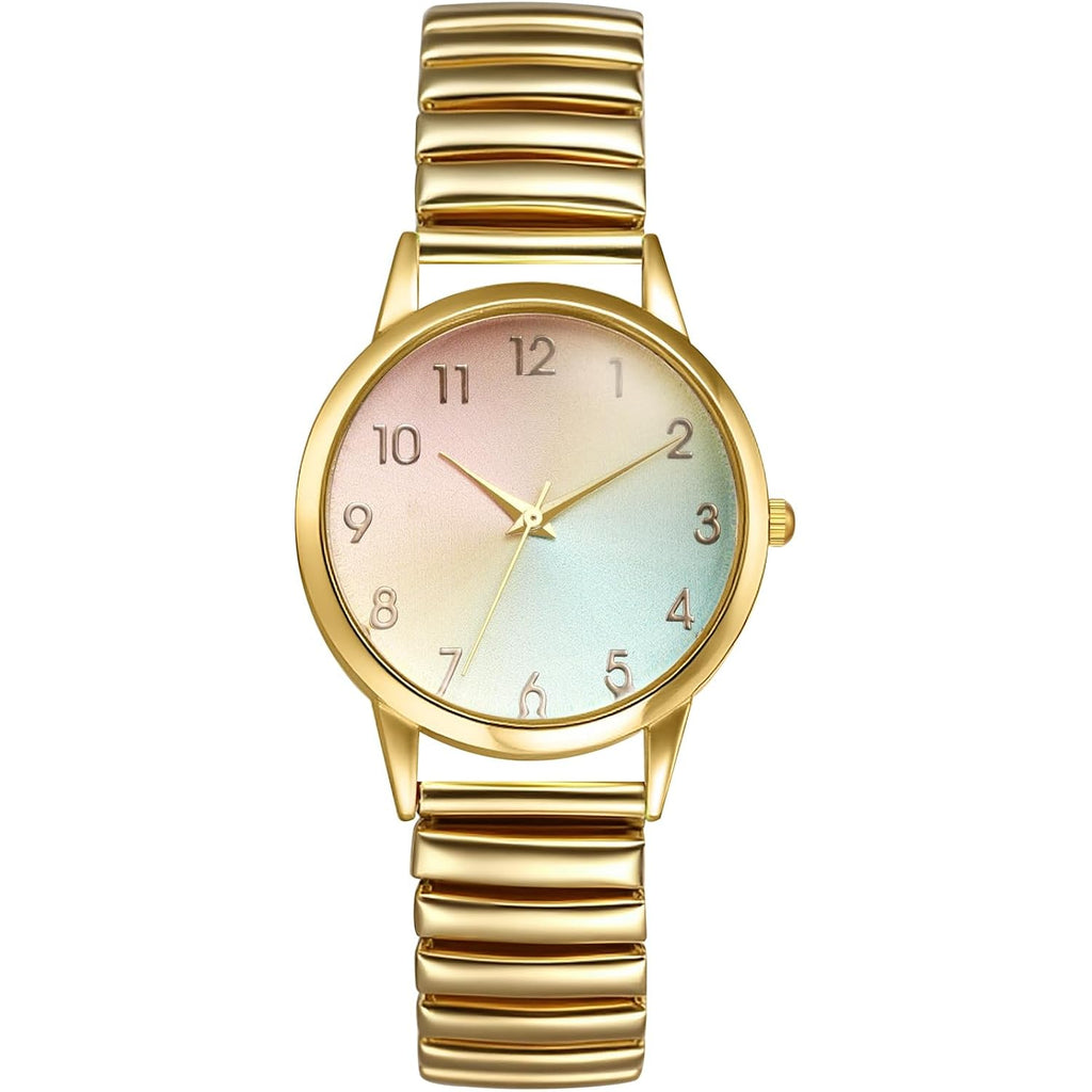 Avaner Women's Stretch Band Watches: Ladies Elastic Strap Gold-Tone Easy Reader Colorful Dial Analog Quartz Bangle Wrist Watch