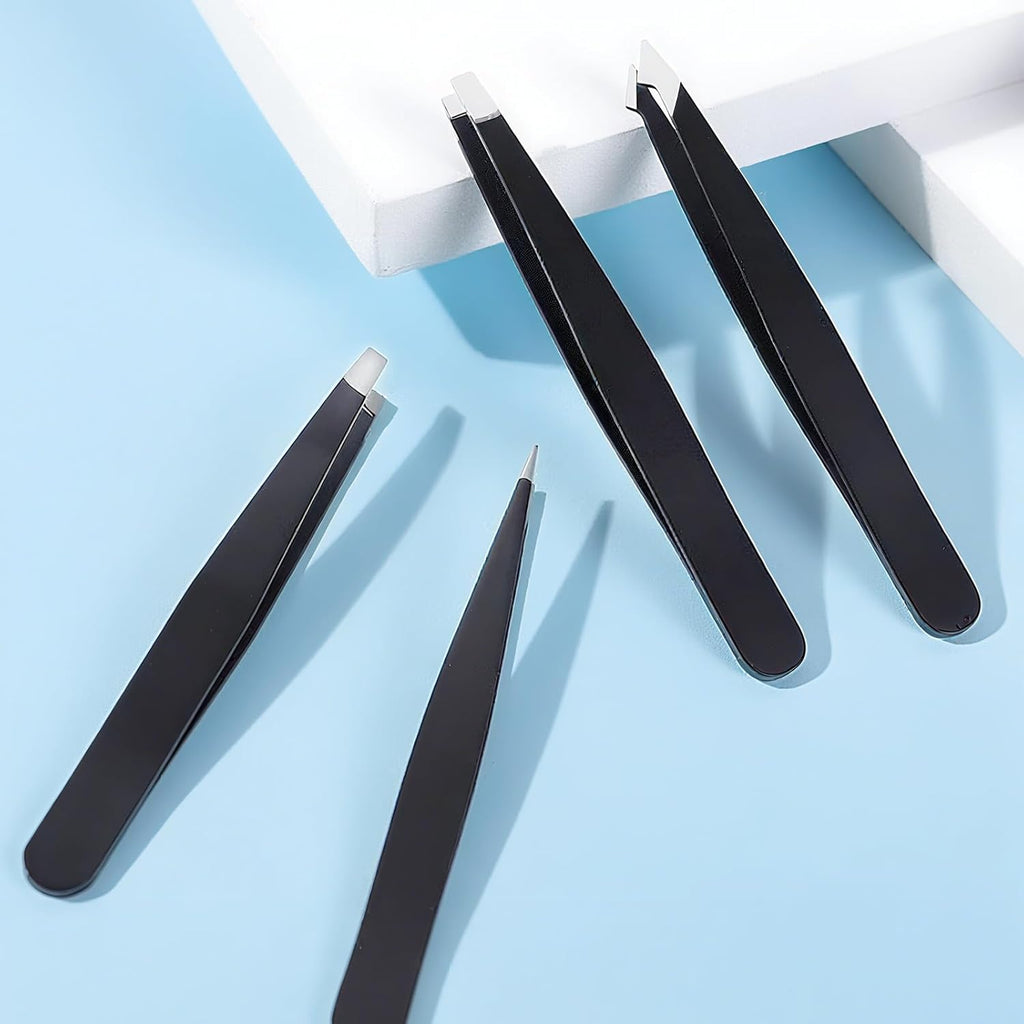 4-Piece Professional Tweezers Set, Tweezers for Eyebrows, Facial Hair, Splinter & Ingrown Hair Removal, Precision Tip with Travel Bag,Gift for Women Men