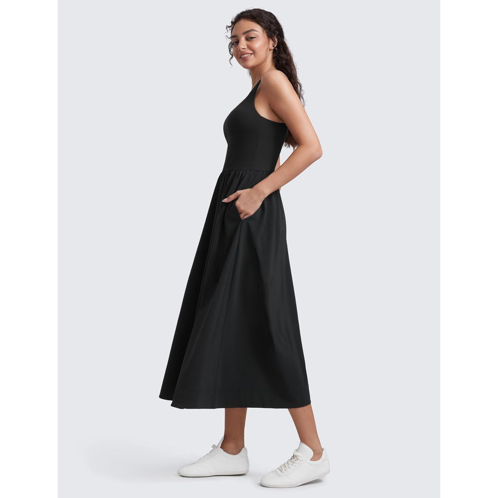 Crz Yoga Square Neck Maxi Dress For Women - Flowy Sleeveless Padded Travel Casual Outfits With Side Pockets