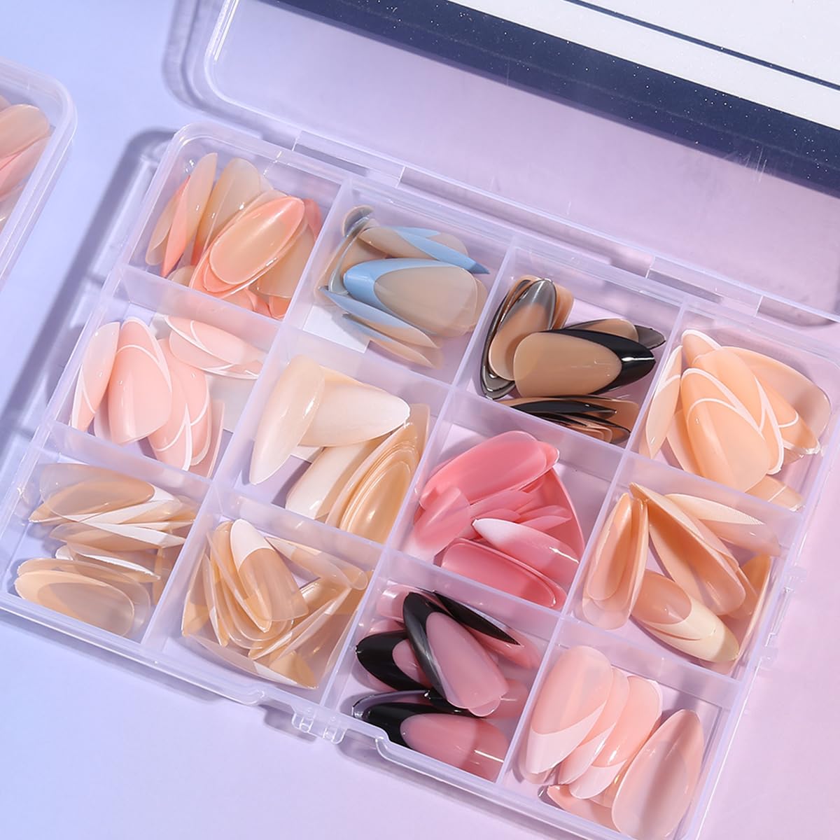 French Gel Nails - Colorful French Tip Press on Nails, Almond Press on Nails, Glossy Skin Tones Medium False Nails 288pcs -12 Sizes Artificial Fake Nails Stick on Nail for Women Manicure