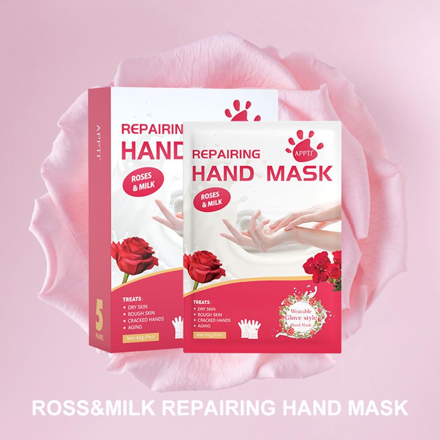 VolksRose 5 Pairs Hand Mask Gloves with Rose & Milk - Moisturizing Hand Mask for Dry Cracked Hands Overnight Repair Treatment, Intensive Hydration Spa Gloves for Women, Self Care Gifts for Rough Skin