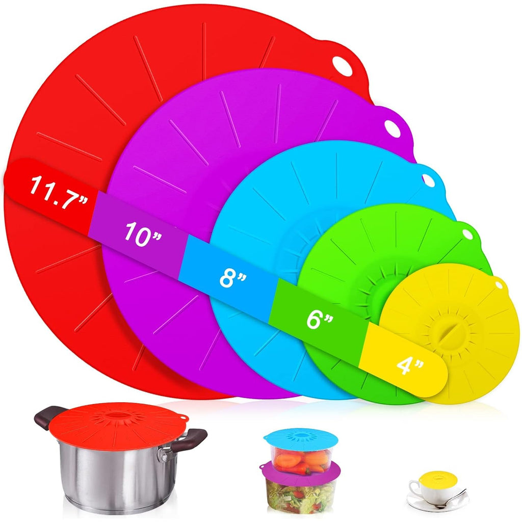 Silicone lids - 5 Pack Heat Resistant Microwave Splatter Cover, Reusable silicone Suction lids for food storage Fits Bowls, Cups, Skillets, Plates, Pots, Pans StoveTop, Oven, Fridge Safe