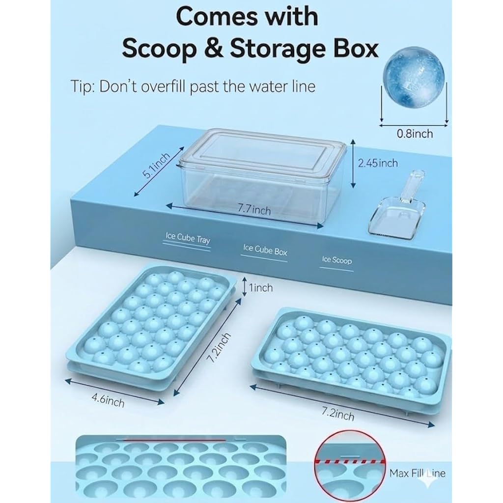 Ice Cube Trays With Lid And Bin, Bpa-Free Mini 0.8 Inch Sphere Ice Molds, 2-Pack Small Round Ice Ball Trays, Easy Release, Includes Scoop & Ice Storage Box For Cocktails, Coffee