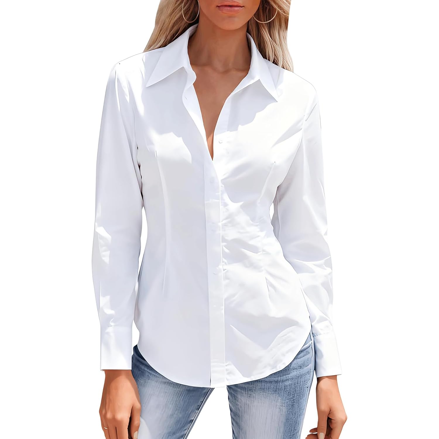 Button Down Shirts for Women Long Sleeve Dress Shirts Wrinkle Free Collared Work Office Solid Blouses Corset Tops