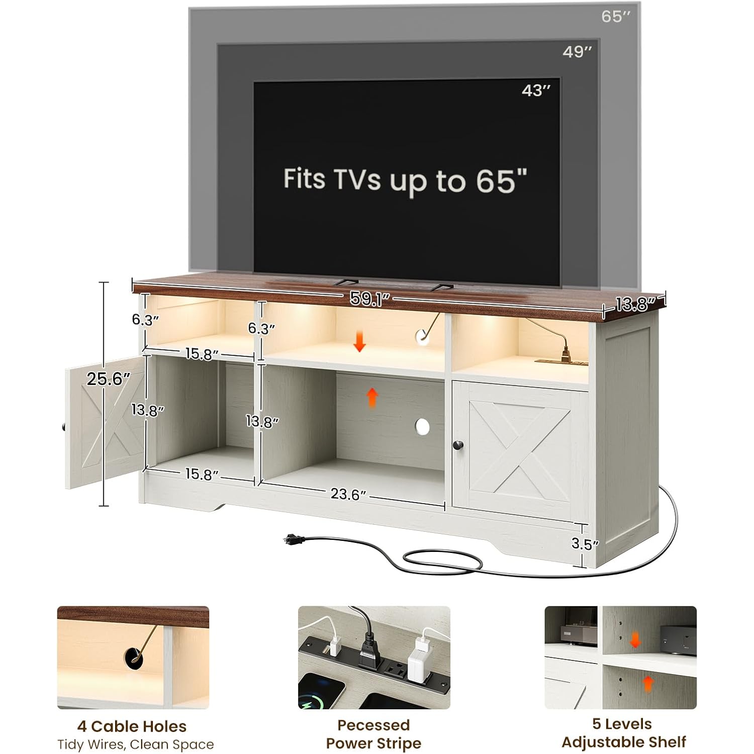 Casaottima Tv Stand For 65 Inch Tv, Farmhouse Entertainment Center With Power Outlet & Led Light And Storage Cabinets, Console Table And Media Furniture For Living Room Bedroom, White