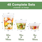 Deli Containers With Lids 48 Sets, 32/16/8 Oz X 16 Set Each, Bpa Free & Airtight Plastic Food Containers With Lids For Soup And Takeout Meal Prep Storage, Freezer, Microwave & Dishwasher Safe