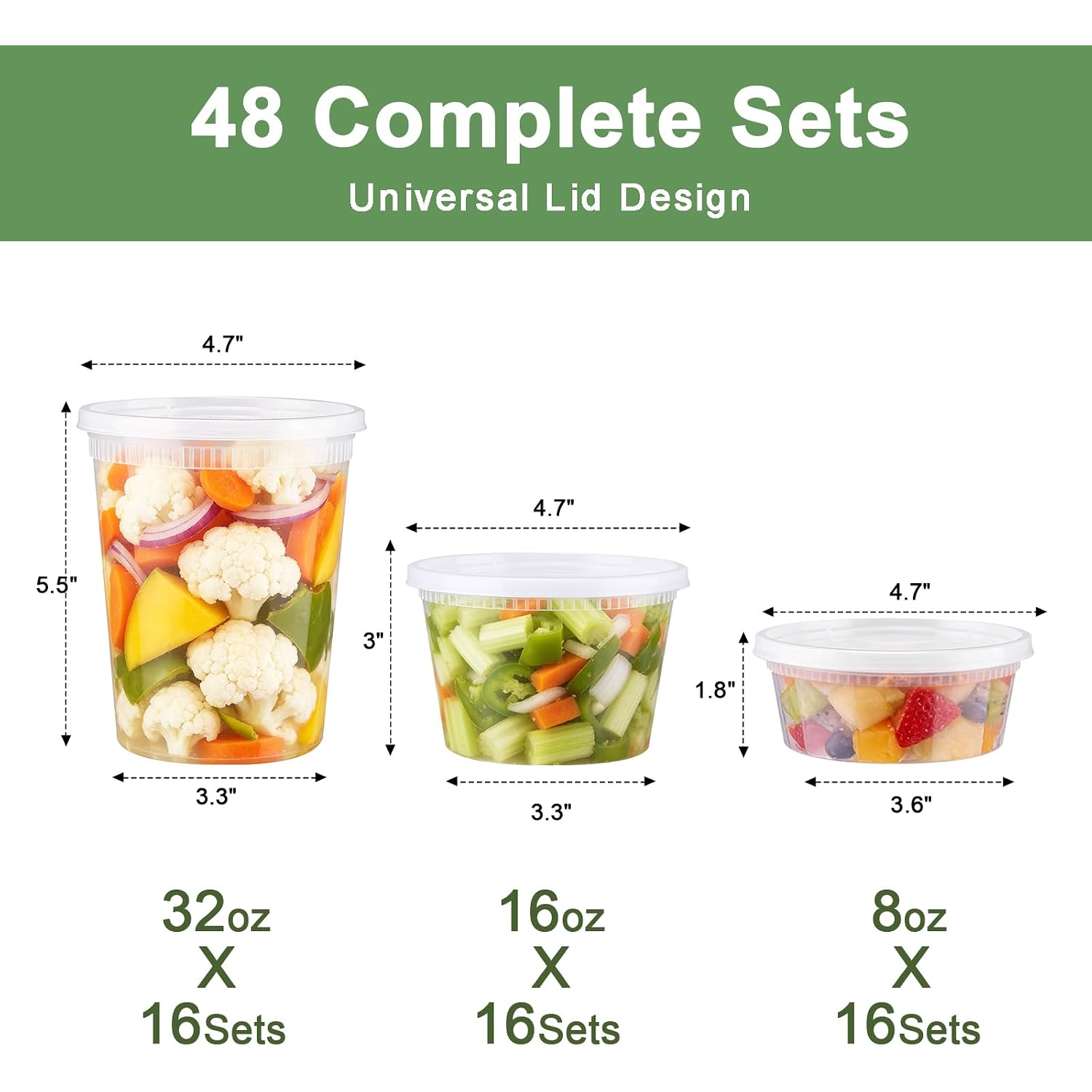 Deli Containers With Lids 48 Sets, 32/16/8 Oz X 16 Set Each, Bpa Free & Airtight Plastic Food Containers With Lids For Soup And Takeout Meal Prep Storage, Freezer, Microwave & Dishwasher Safe