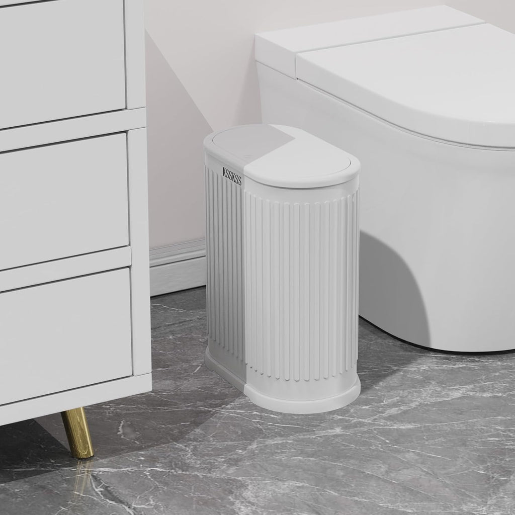 Ksskss 1.8 Gallons Small White Bathroom Trash Can With Lid, Slim Bathroom Garbage Bin, Removable Liner Bucket, Dog Proof Trash Can With Pop-Up Lid For Bedroom,Toilet
