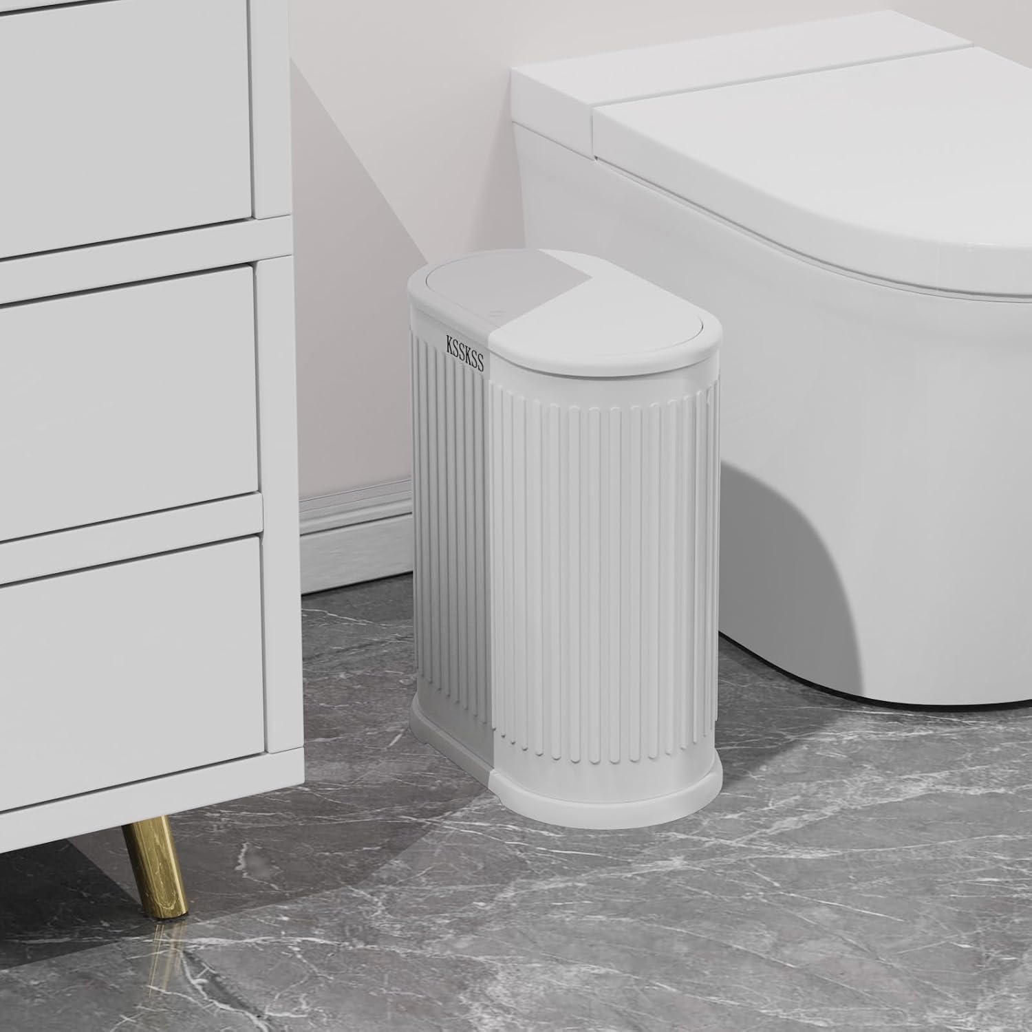 Ksskss 1.8 Gallons Small White Bathroom Trash Can With Lid, Slim Bathroom Garbage Bin, Removable Liner Bucket, Dog Proof Trash Can With Pop-Up Lid For Bedroom,Toilet