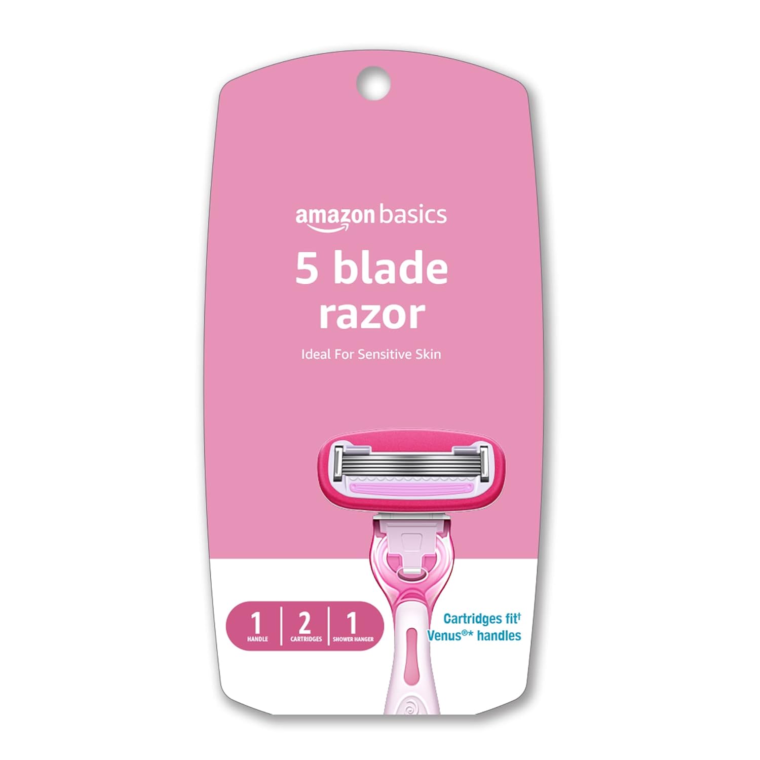 Amazon Basics Women's 5-Blade Razor for Smooth, Close Shave, FITS Amazon Basics Handle and Venus Handles, Includes 1 Handle, 2 Cartridges & 1 Shower Hanger