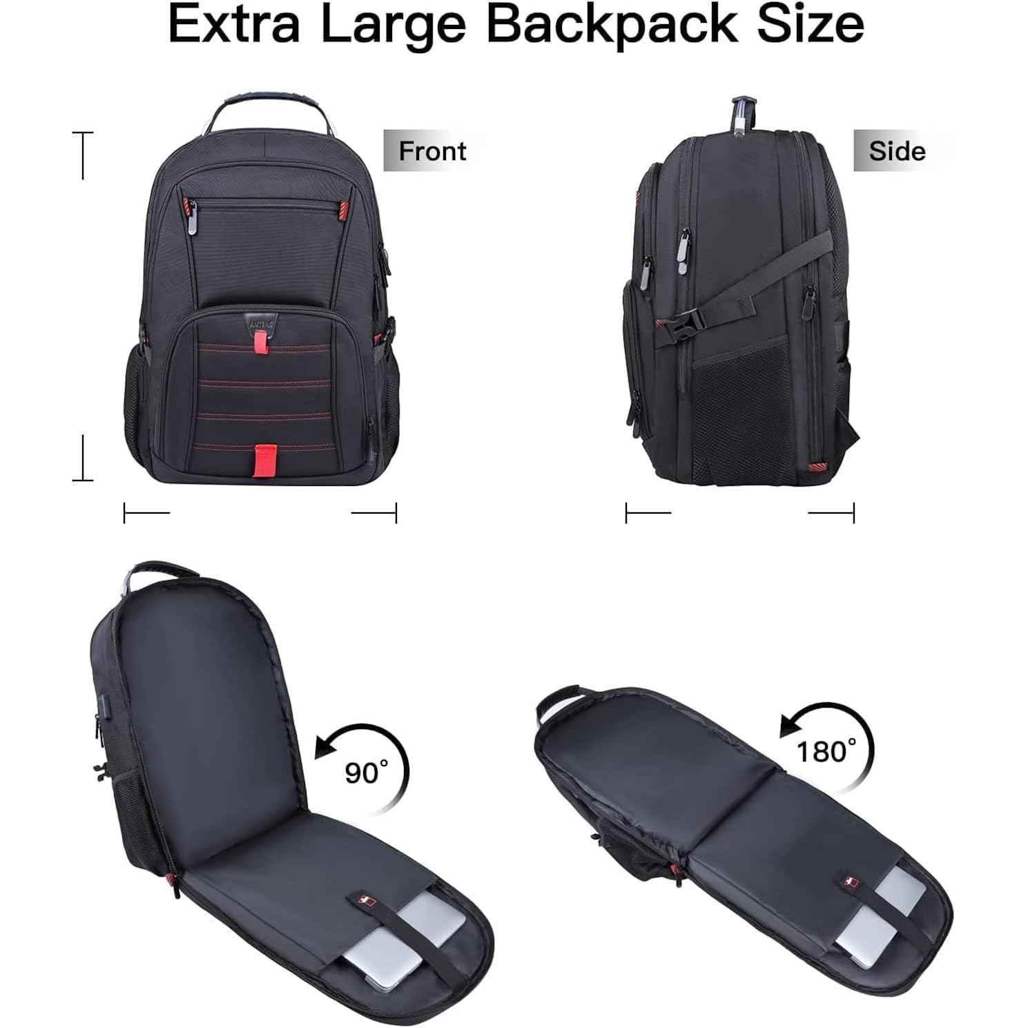 Anterk Extra Large Travel Laptop Backpack 17.3 In Carry On Backpack For Men | Travel Backpack Anti Theft Water Resistant College Bussiness Tsa Airline Approved Work Computer Backpack, Black