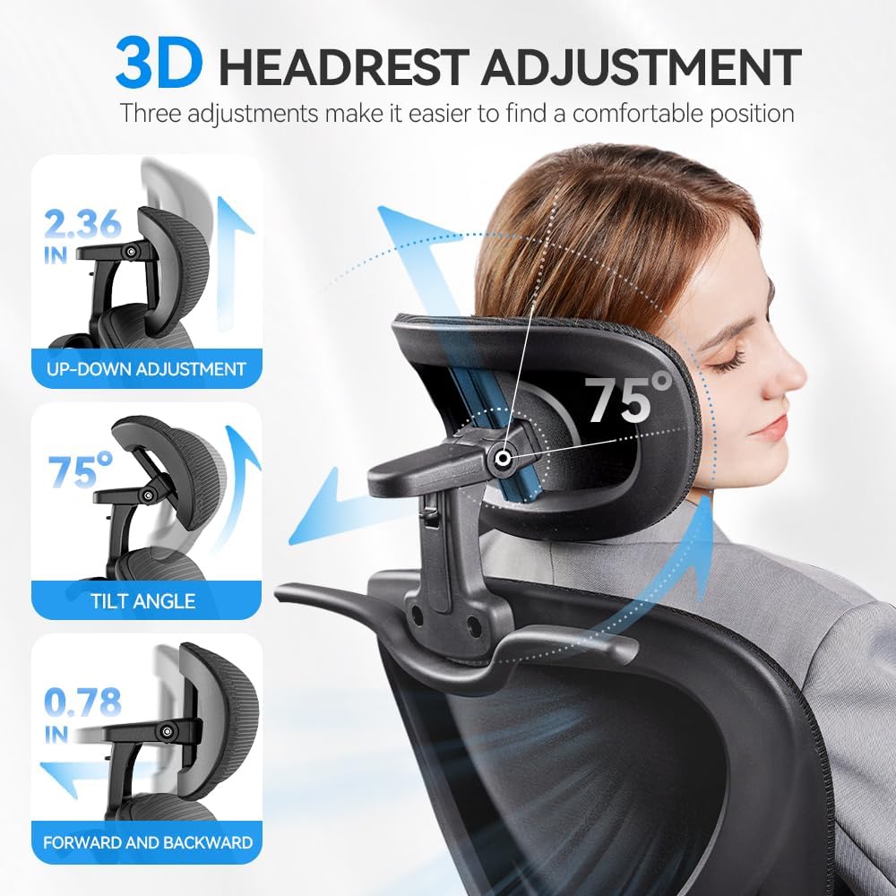 Ergonomic Office Chair With Headrest 3D, Mesh Office Desk Chair With Adjustable Lumbar Support, Computer Chair With Flip Up Armrests, 350Lbs Capacity - Design For Home/Offices - Black