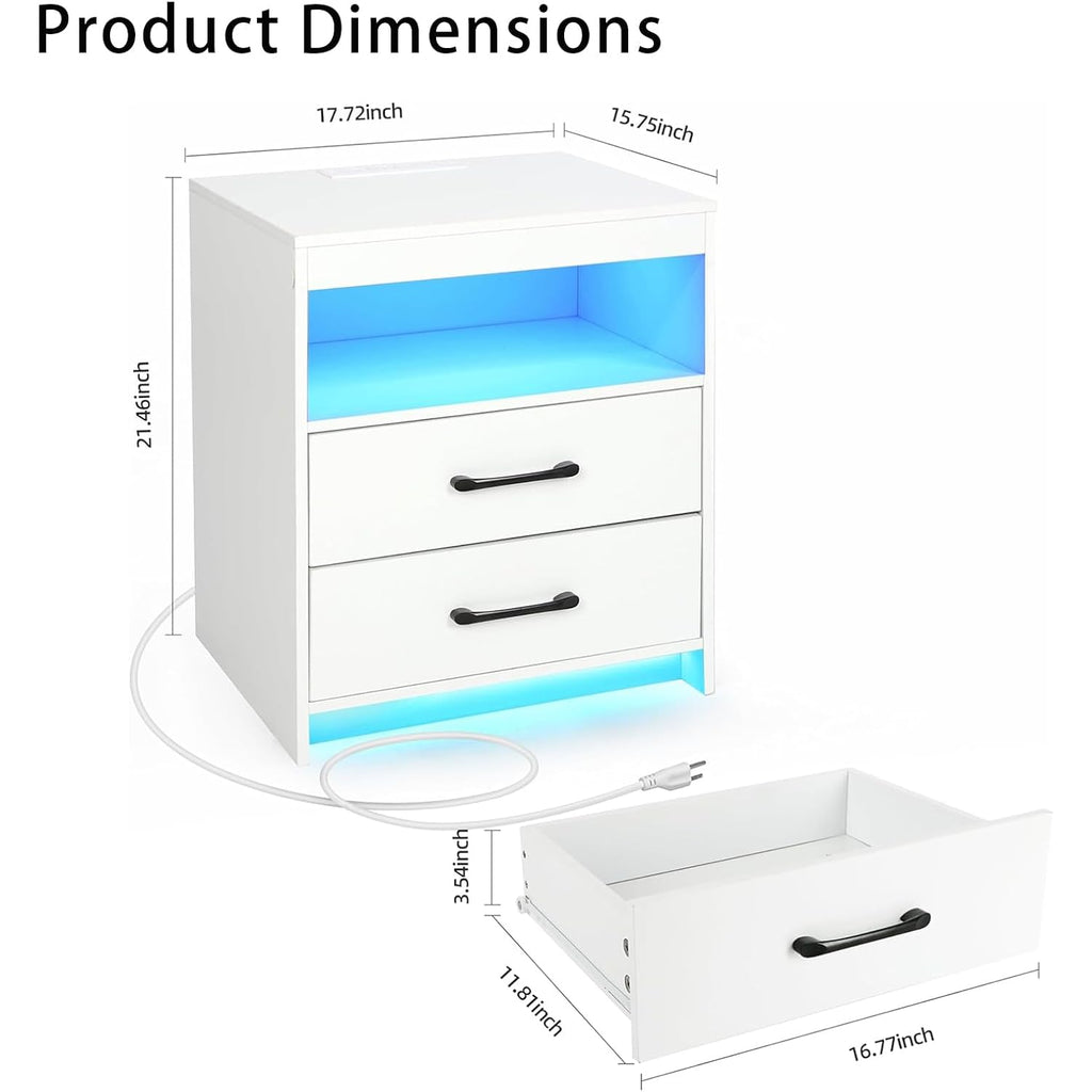 Night Stand With Charging Station And Ambient Light, Led Nightstand With Usb-C Ports And Outlets, Morden Bedside Table With 2 Drawers And Open Compartment, End Table For Bedroom, White