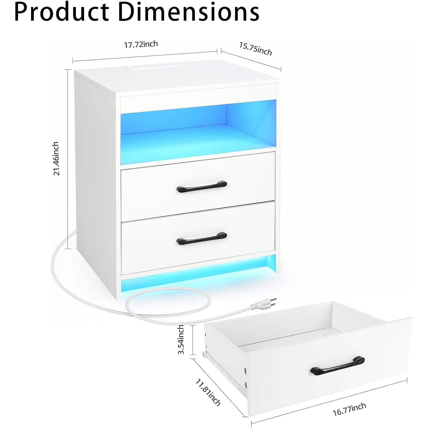 Night Stand With Charging Station And Ambient Light, Led Nightstand With Usb-C Ports And Outlets, Morden Bedside Table With 2 Drawers And Open Compartment, End Table For Bedroom, White
