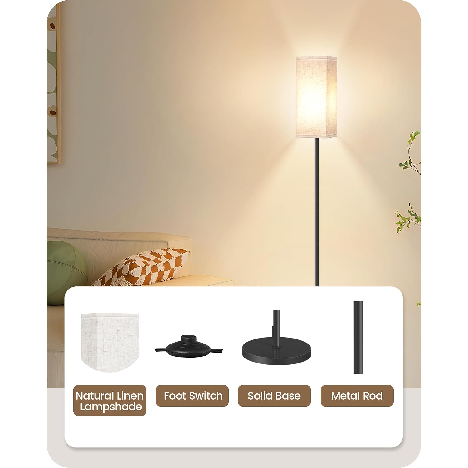 64.6" Floor Lamp, Pole With Foot Switch, Modern Standing Lamp Lampshade, Minimalist Freestanding Lamp (Bulb Not Included), For Living Room, Bedroom Office Etl Listed, Black And Beige E07Ld05
