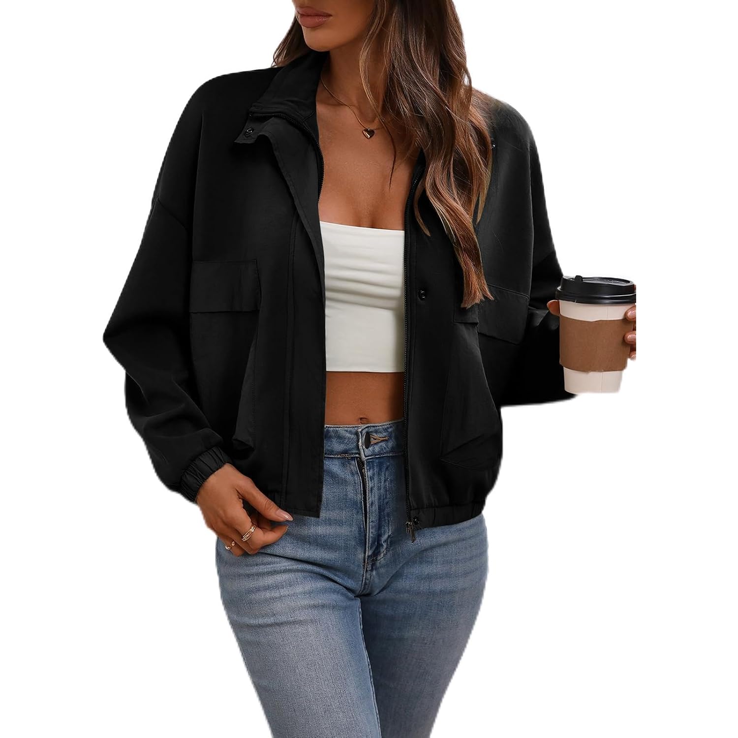 Women'S Cropped Oversized Safari Jackets Zip Up Stand Collar Neck Long Sleeve Utility Anorak Jacket With Pocket