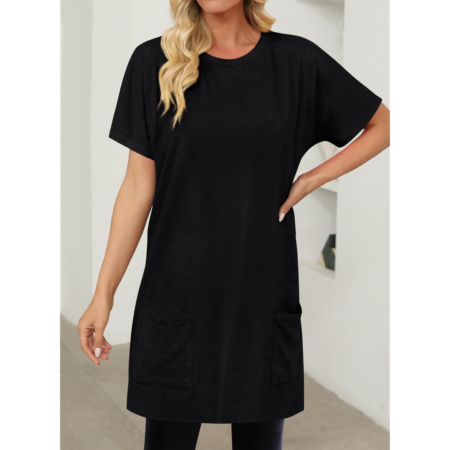 Kissmoda Womens Summer Tunic Tops For Leggings Casual Short Sleeve Long Shirts With Pockets