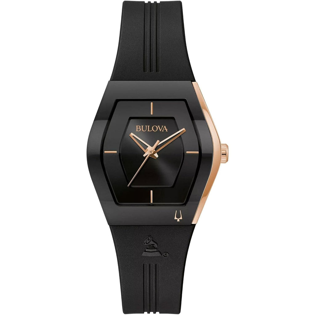 Bulova Latin Grammy Gemini Quartz Rose Gold Stainless Steel Accent With Curved Mineral Crystal And Black Silicone Strap Watch, Ladies