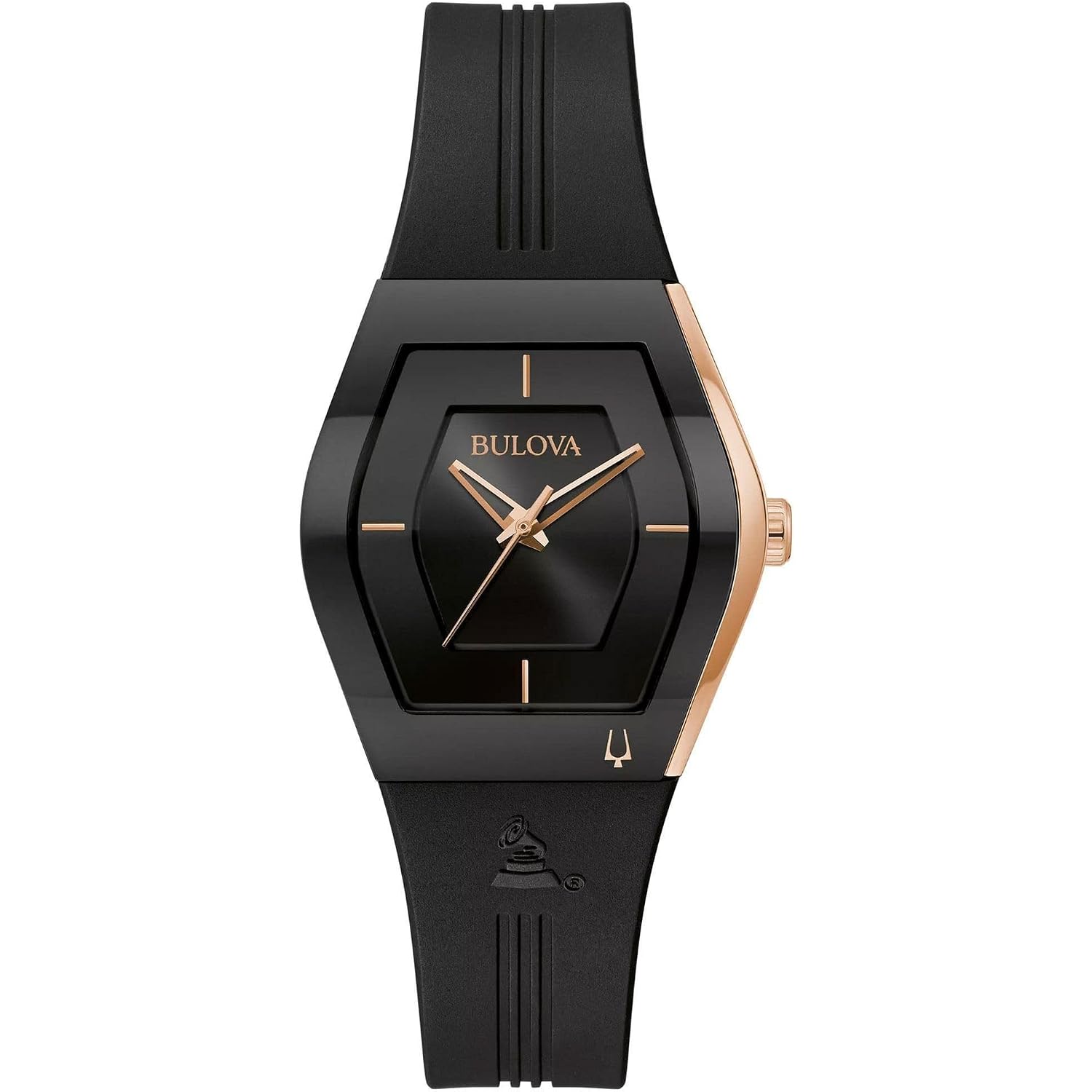 Bulova Latin Grammy Gemini Quartz Rose Gold Stainless Steel Accent With Curved Mineral Crystal And Black Silicone Strap Watch, Ladies
