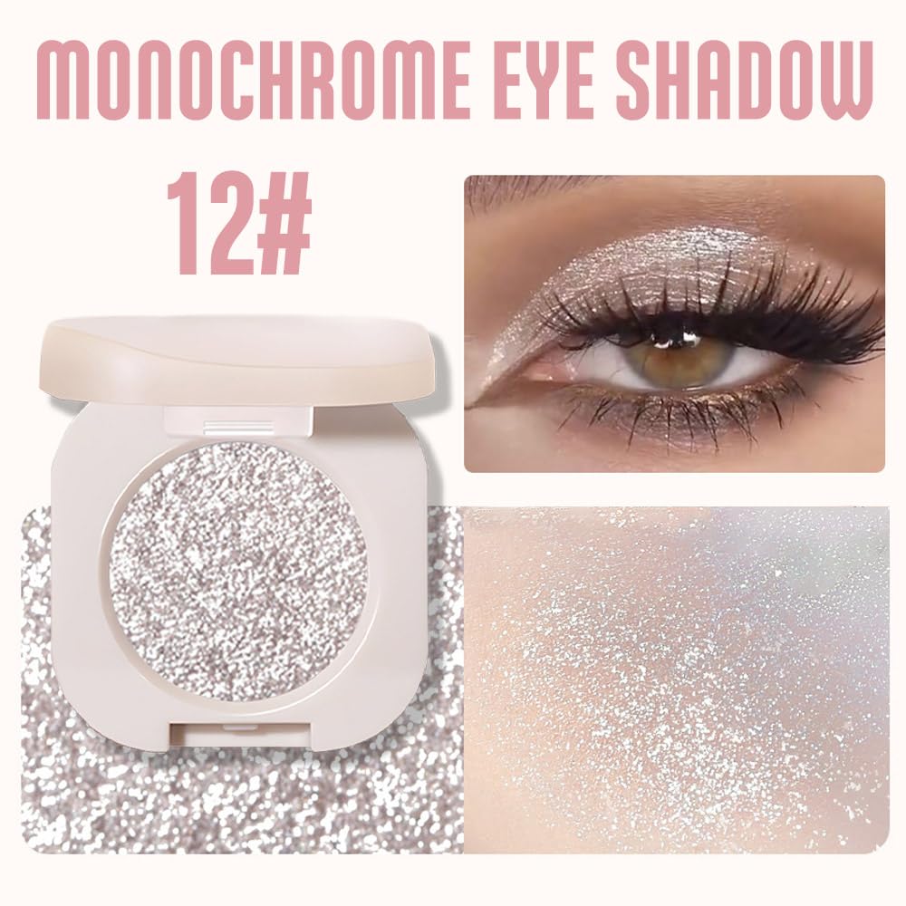 FeiCuiYun Glitter Shimmer Sparkle Eyeshadow Palette Makeup for Older Women, Silver Glitter Shimmer Metallic Holographic Multichrome Cream Iridescent Single Monochrome Eye Shadow Makeup, 12