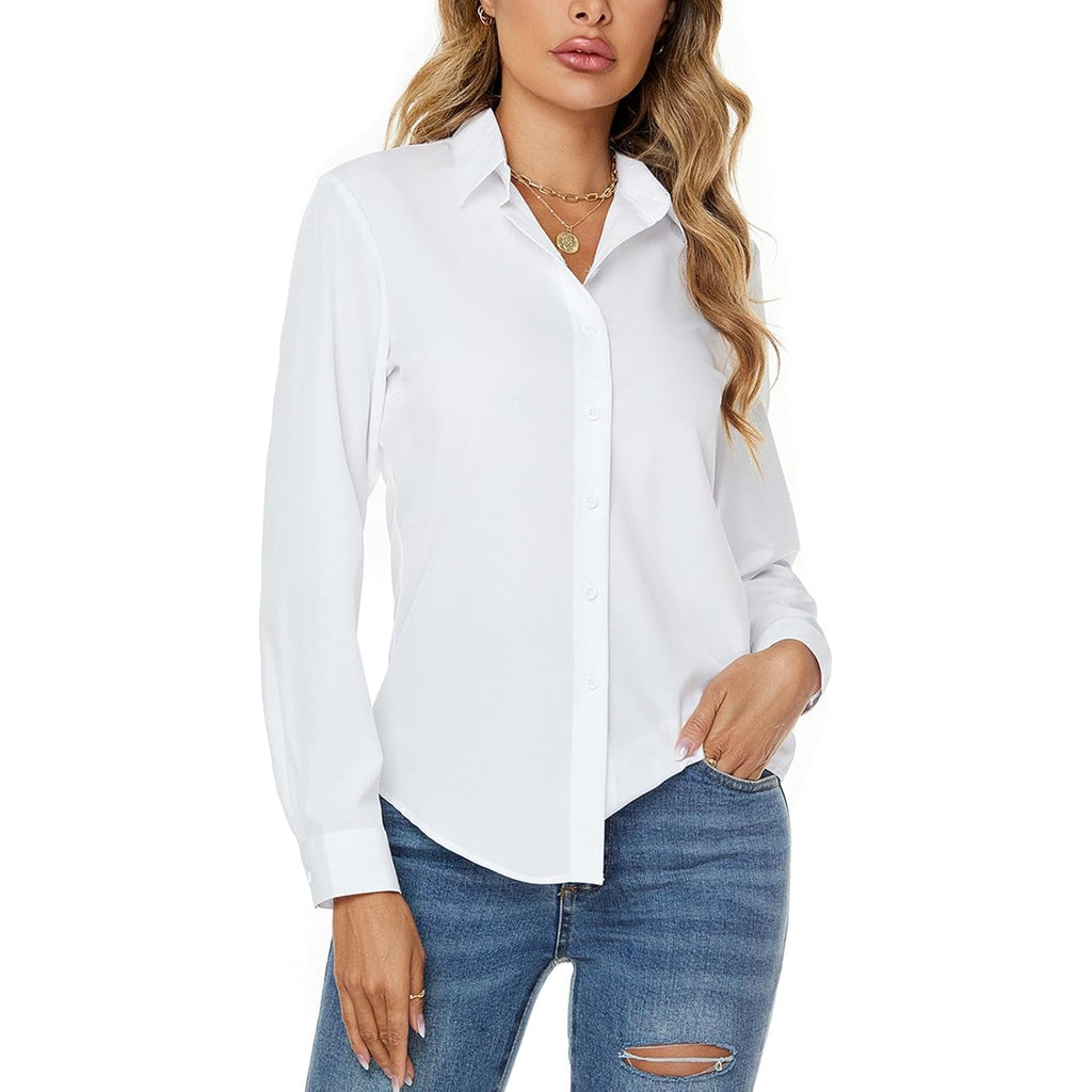 Womens Stretch Button Down Long Sleeve Shirt Soft Basic Wrinkle Free Work Business Formal Casual Blouse