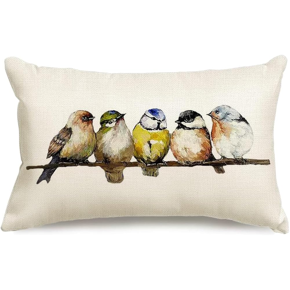 RABUSOFA Watercolor Birds Pillows Decorative Throw Pillows 12x20,Hand-Painted Oil Painting Rustic Birds Lumbar Pillow Cases,Cute Colorful Spring Summer Decorations for Home Couch Sofa Outdoor