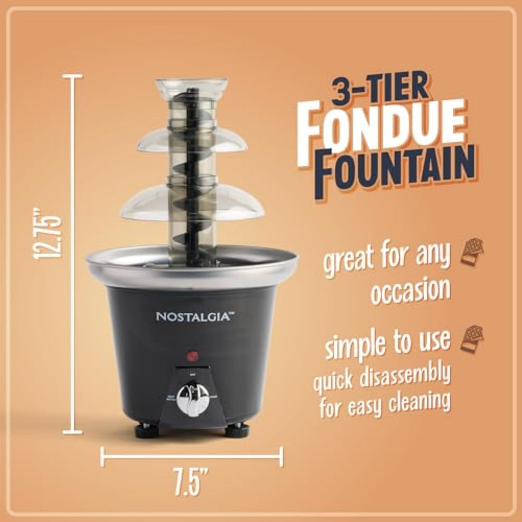 Nostalgia 3 Tier Electric Chocolate Fondue Fountain Machine For Parties - Melts Cheese, Queso, Candy, And Liqueur - Dip Strawberries, Apple Wedges, Vegetables, And More - 24-Ounce - Black, Small