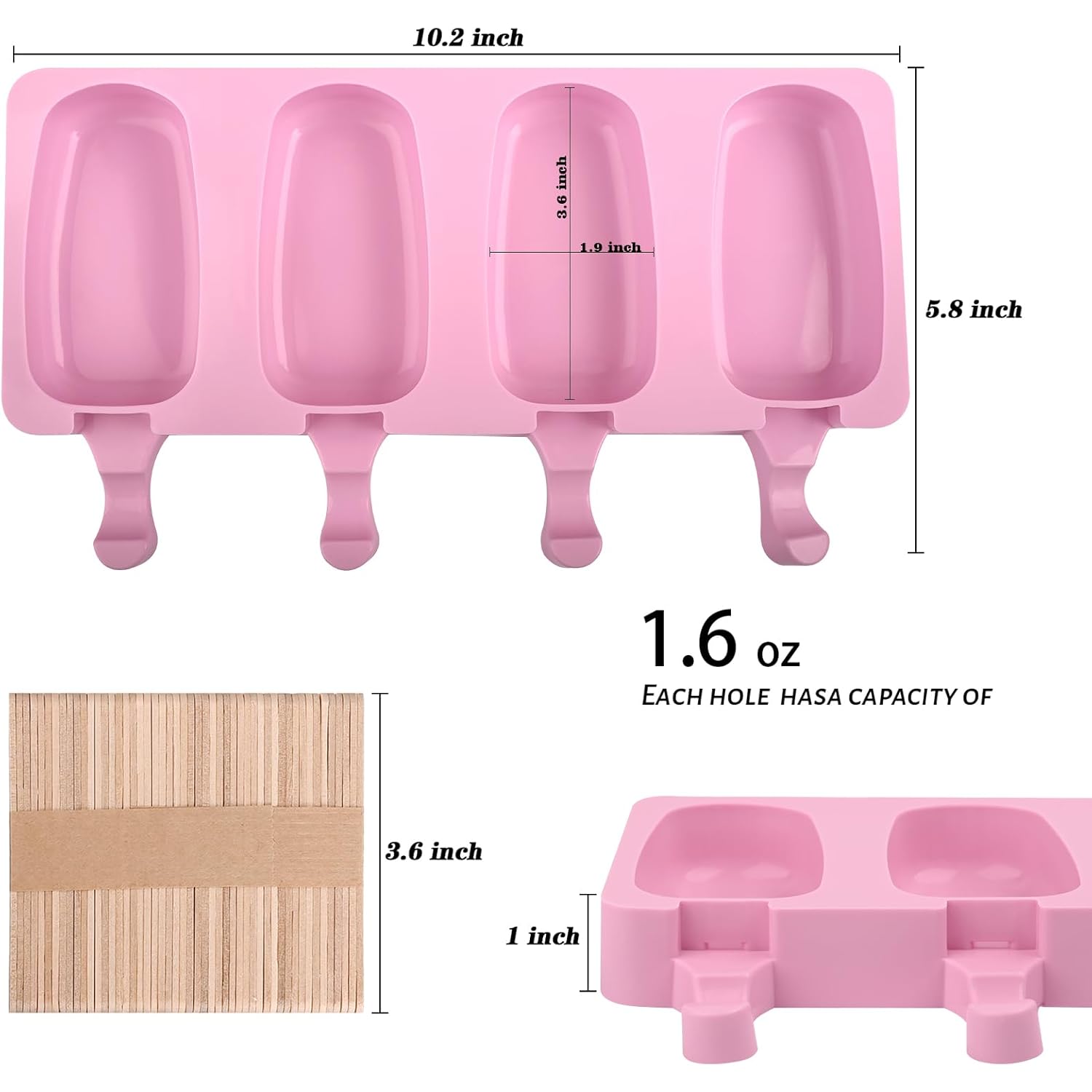 Wmkgg Popsicle Silicone Molds Set, 2 Pcs Ice Cream Molds With 50 Wooden Sticks For Cake Pop, Ice Pop, Cakesicles (Standard Size/Pink)