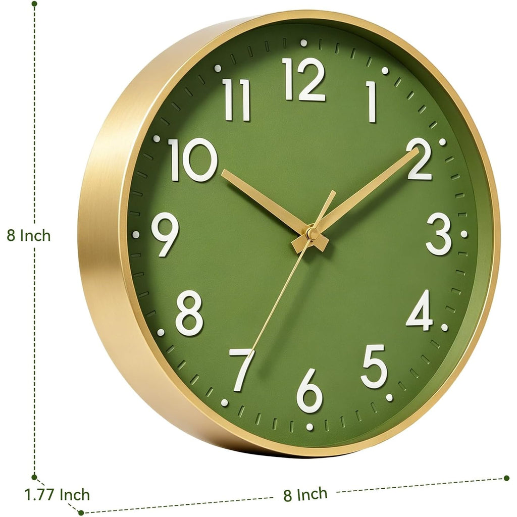 Wall Clock 8 Inch, Battery Operated Silent Non-Ticking Modern Analog Clock Decorative For Kitchen, Bedroom, Office(Olive Green And Gold)