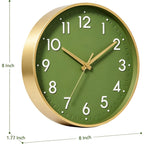 Wall Clock 8 Inch, Battery Operated Silent Non-Ticking Modern Analog Clock Decorative For Kitchen, Bedroom, Office(Olive Green And Gold)