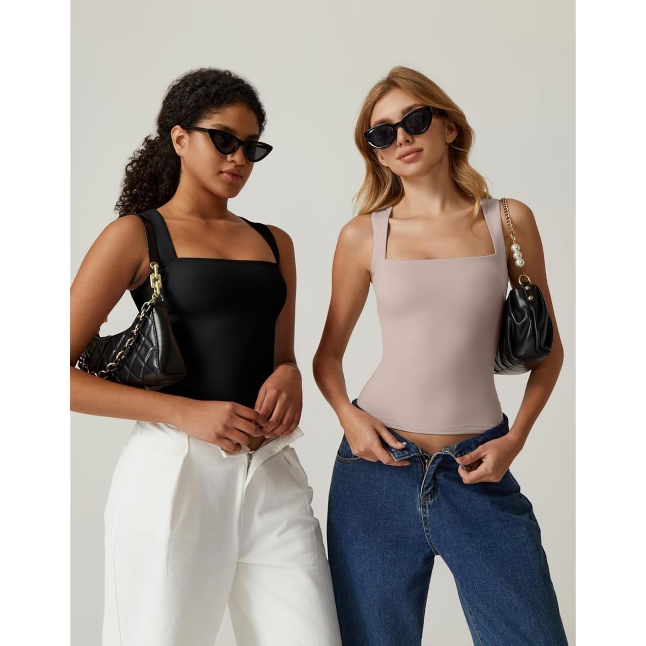 Women's Double Layer Tank Tops Square Neck Sleeveless Basic Tight T Shirts