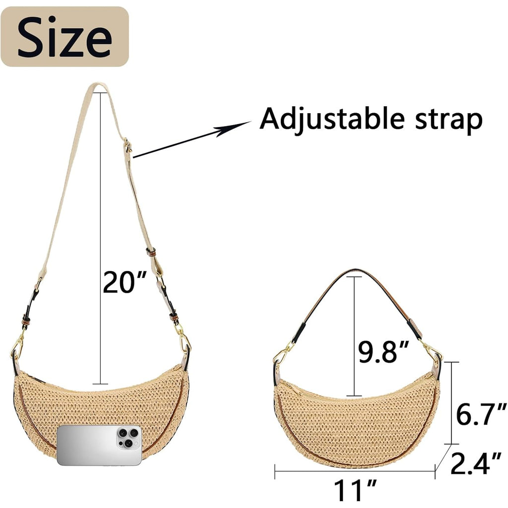 Straw Crossbody Bags For Women Crescent Woven Shoulder Handbag Summer Beach Hobo Purses With Adjustable Strap