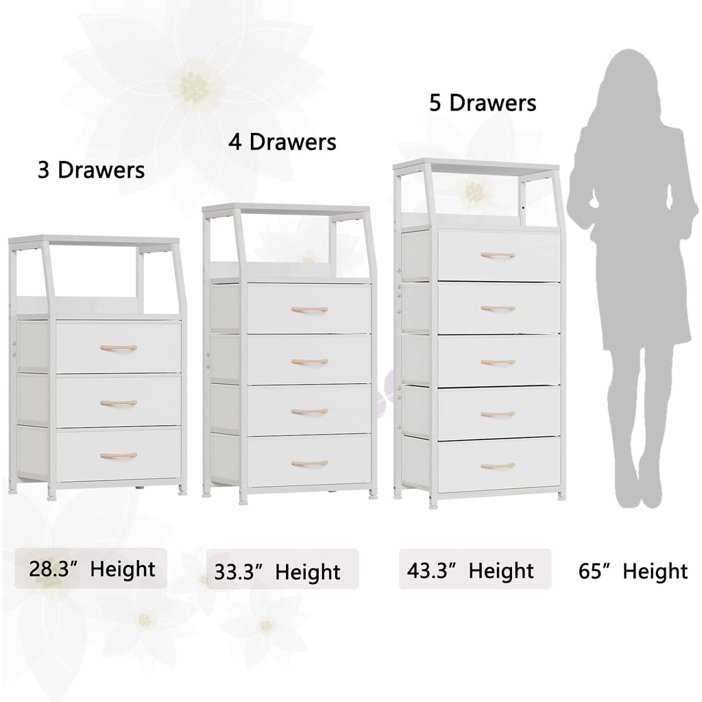 White Dresser With 5 Drawers, Vertical Storage Tower Fabric Dresser For Bedroom, Hallway, Entryway, Nursery, Closet Organizer, Nightstand Bedside Table Furniture, Sturdy Steel Frame, Wood Top