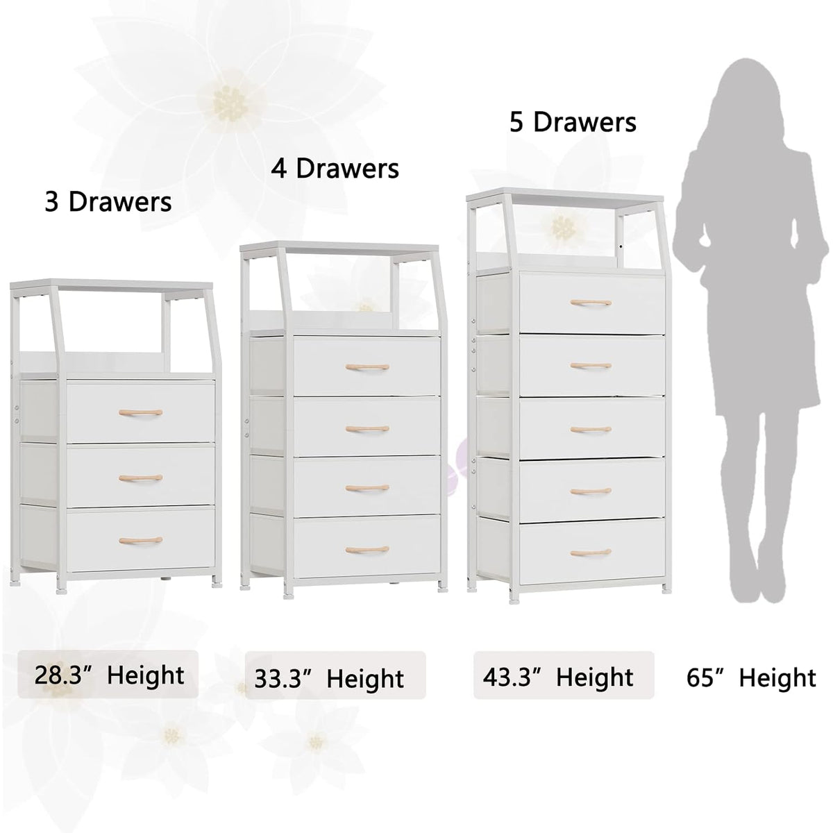 White Dresser With 5 Drawers, Vertical Storage Tower Fabric Dresser For Bedroom, Hallway, Entryway, Nursery, Closet Organizer, Nightstand Bedside Table Furniture, Sturdy Steel Frame, Wood Top