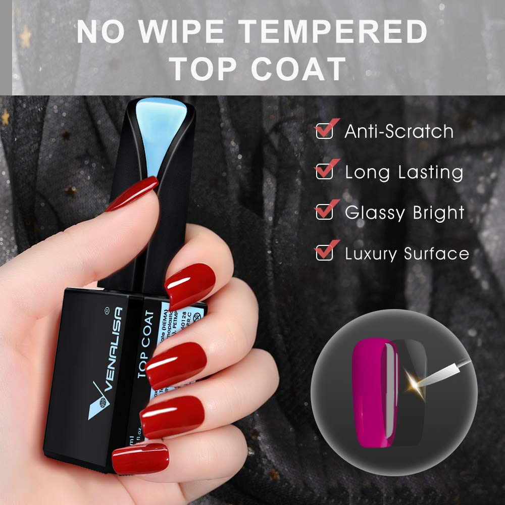 VENALISA 2 Pcs 15ml Gel Nail Ploish Base and Top Coat Set, No Wipe High Gloss Long Lasting Tempered Top Coat Polish Soak Off LED Gel Kit