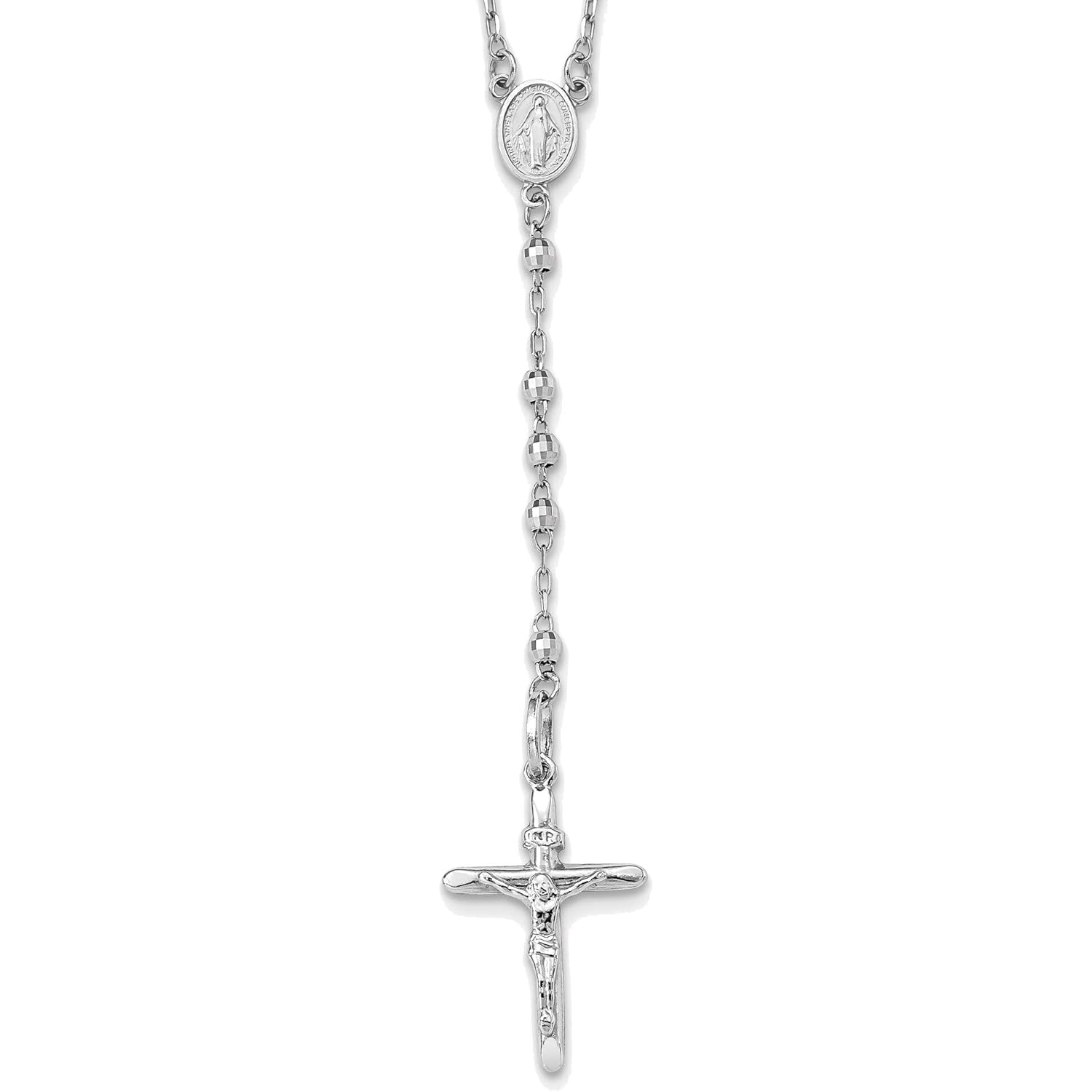 Bonyak Jewelry 14k White Gold Diamond-Cut 3mm Beaded Rosary 24 inch Necklace Graceful