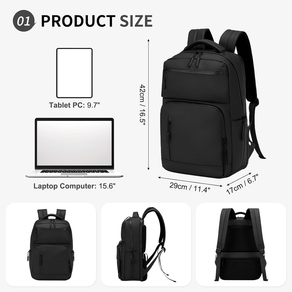 Waterproof Laptop Backpack For Men & Women, Flight Approved Anti-Theft Daypack With 15.6-Inch Laptop Sleeve (Black)
