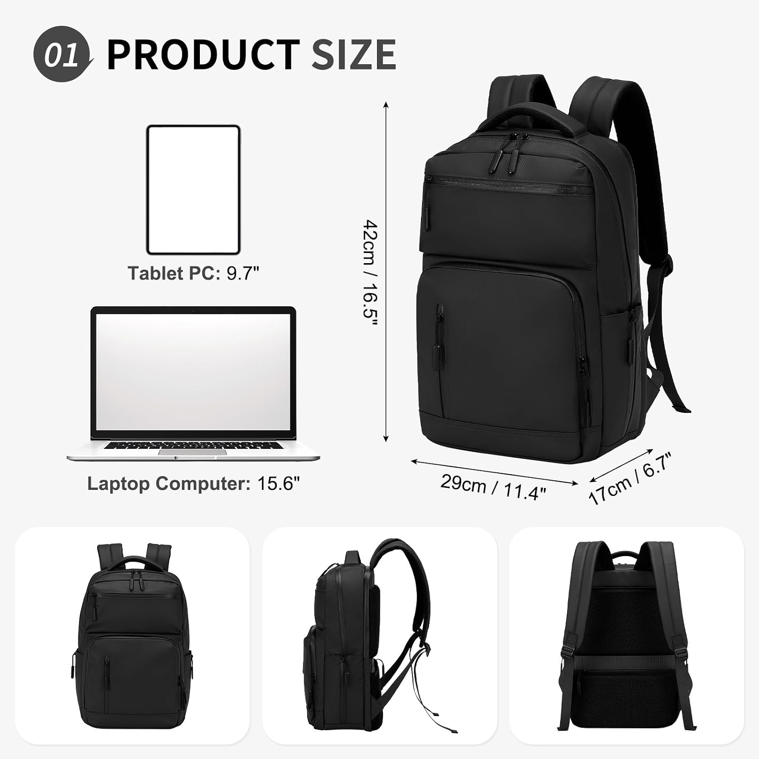 Waterproof Laptop Backpack For Men & Women, Flight Approved Anti-Theft Daypack With 15.6-Inch Laptop Sleeve (Black)