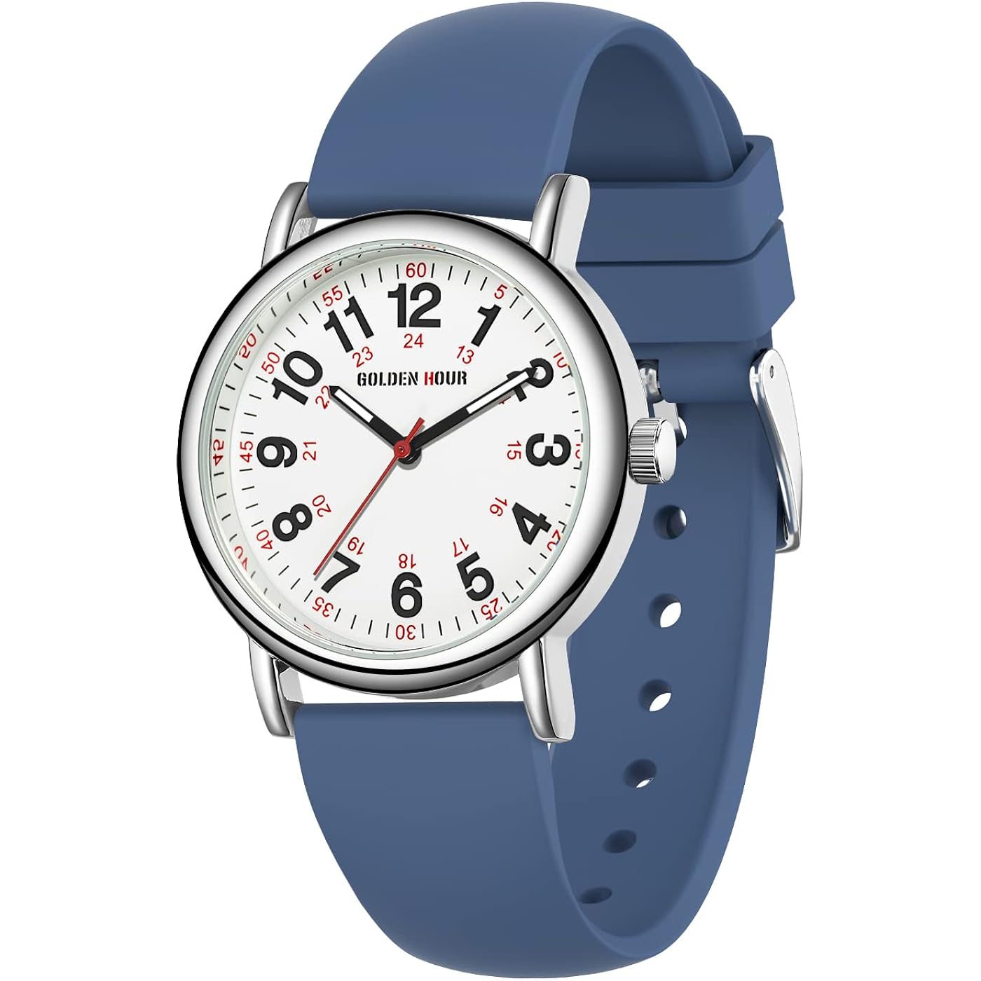 Golden Hour Waterproof Nurse Watch For Medical Professionals, Students Women Men - Military Time Luminouse Easy Read Dial, 24 Hour With Second Hand, Colorful Silicone Band