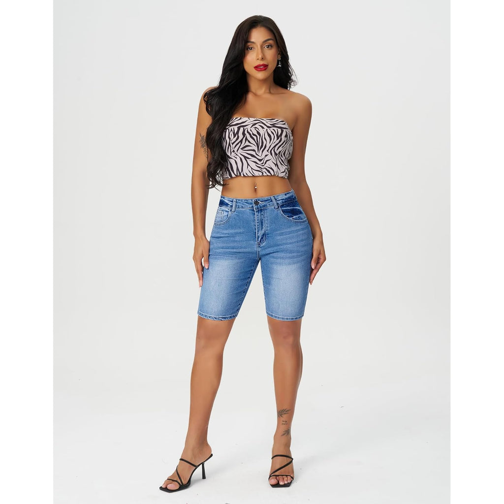 Women's High Waisted Bermuda Shorts Stretchy Knee Length Jean Shorts