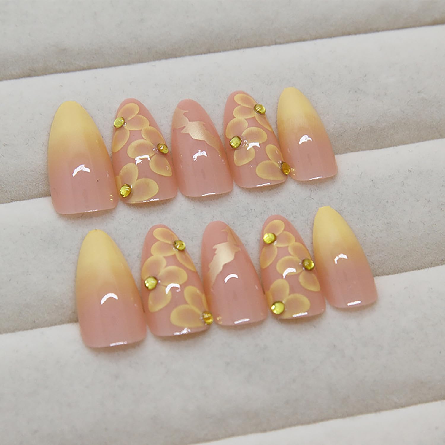 24 Pcs Almond Press on Nails Medium Fake Nails with Glue Artificial False Nails with 3D Flower Charms Design Acrylic Nails Press ons Stiletto Nail Tips Summer Glue on Nails Stick on Nails for Women