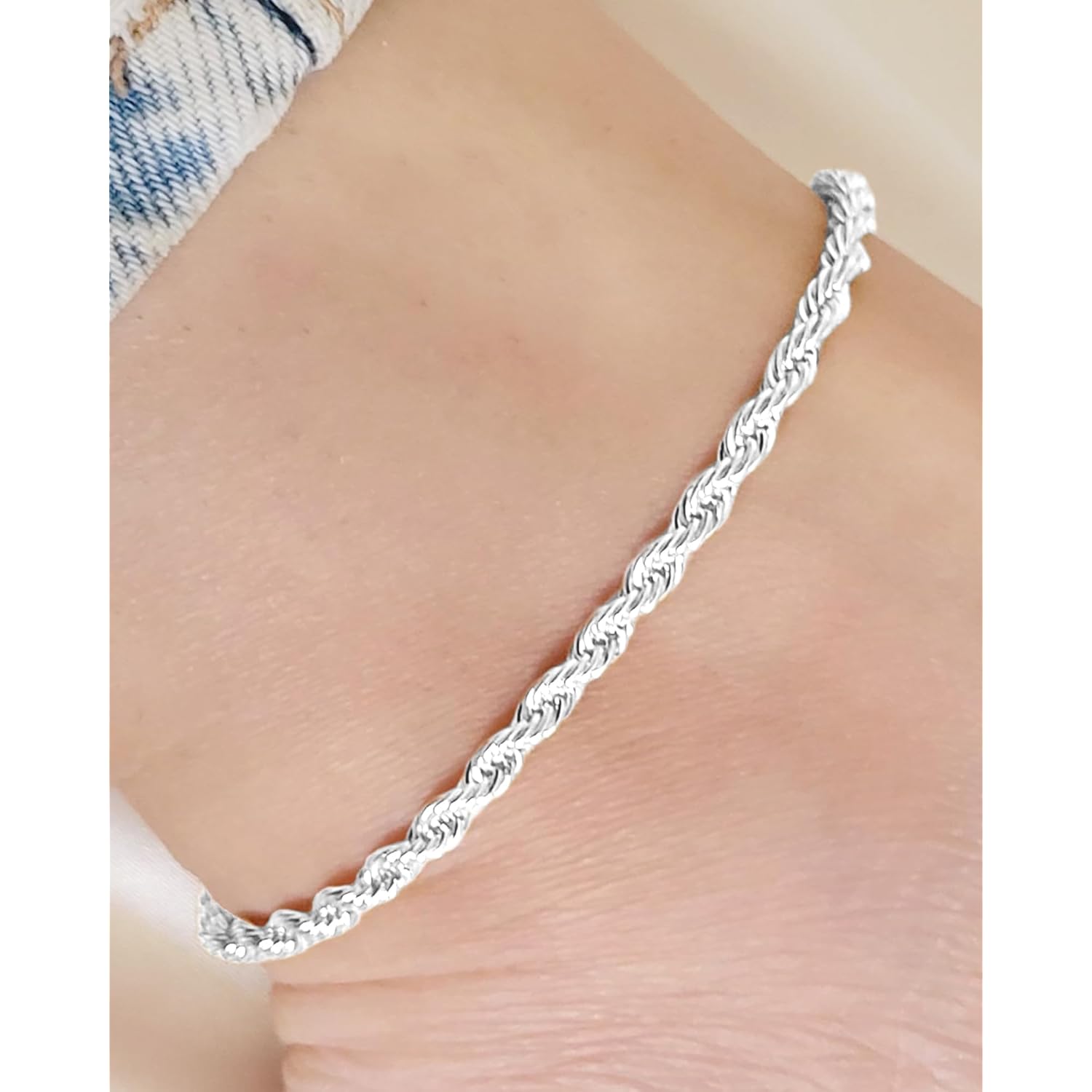 Sterling Silver Ankle Bracelets for Women Strong Lobster Clasp - Cuban Link, Figaro, Rope, Flat Mariner, Snake Herringbone, Satellite, Paperclip - Summer Beach Waterproof Silver Anklet