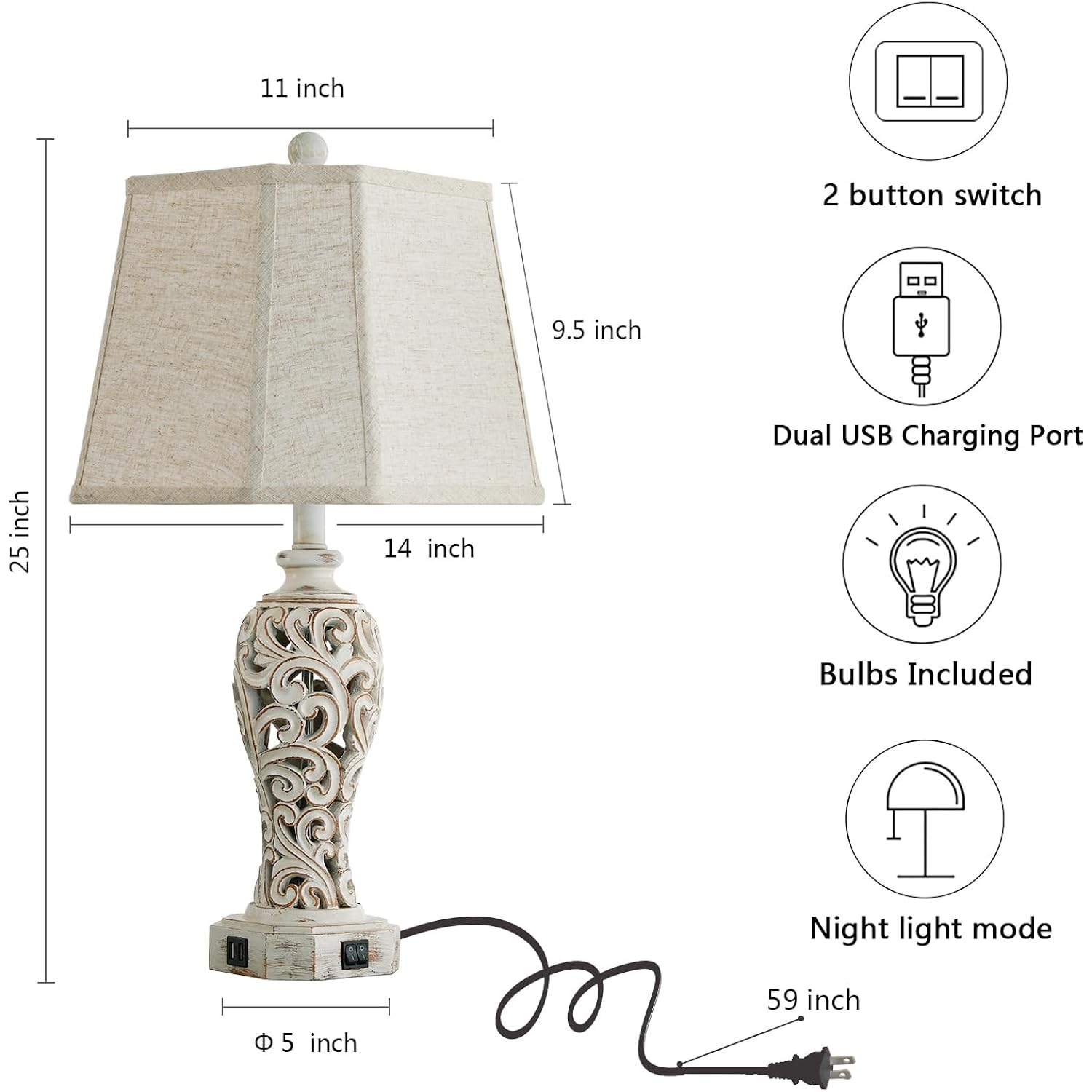 25'' Farmhouse Table Lamp For Living Room Bedroom With Usb C+A | Vintage Rustic Nightstand Desk Lamp With Nightlight, White Hollow Out Resin Lamp For End Table (Bulb Included)