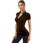Women Collared V Neck Short Sleeve Polo Shirt
