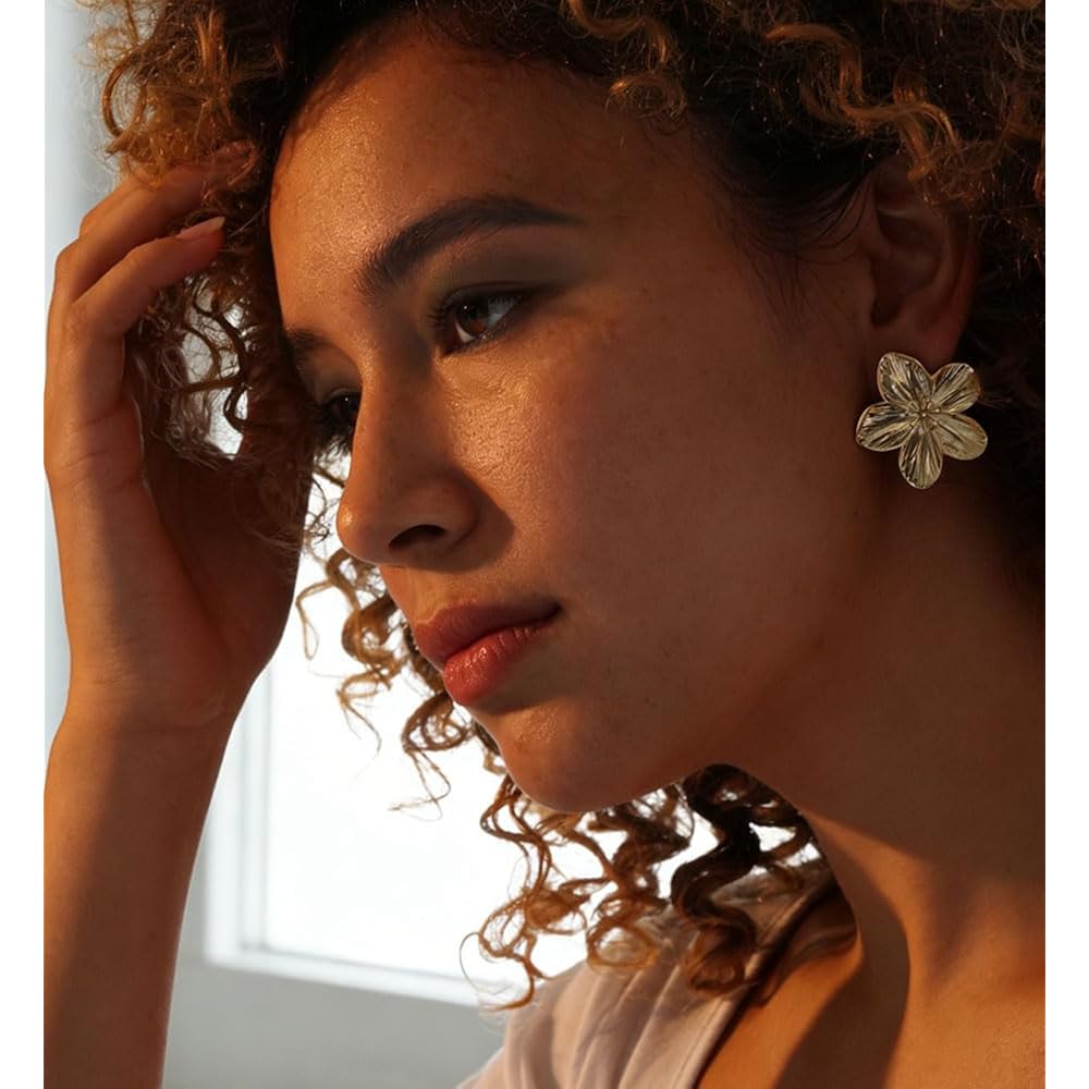 Big Gold Flower Statement Earrings for Women, 14K Gold Plated Chunky Unique Starfish Leaf Floral Drop Earrings, Large Fall Earrings Jewelry Gift