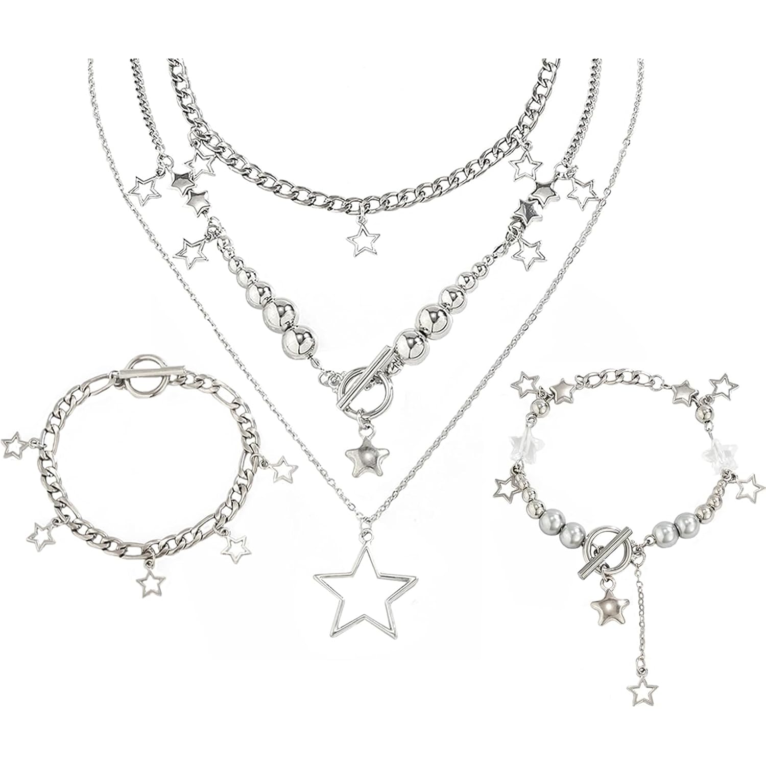 2 Pieces Silver Star Necklace Y2K Jewelry Set Grunge Necklace Kawaii Cute Necklaces Aesthetic Vintage Emo Jewelry