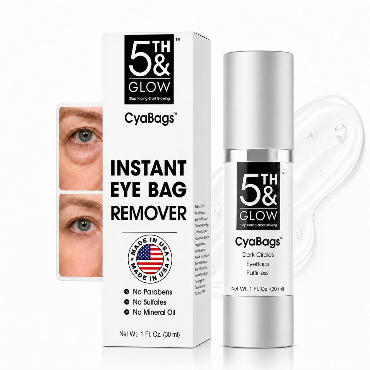 5Th & Glow Cyabags - Instant Puffy Eyes Reduction & Under Eye Bag Remover Serum For Women - Hyaluronic Acid & Vitamin C Cream For Fine Lines, Wrinkles & Crowsfeet, 1 Oz