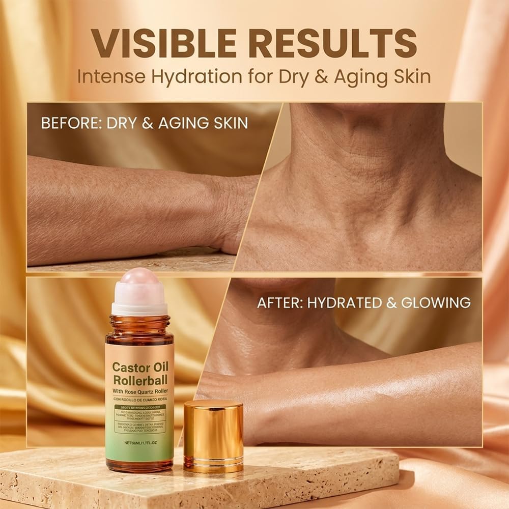 2Pcs Castor Oil With Rose Quartz Roller - 100% Cold Pressed Moisturizing Oil With Rose Quartz Roller Ball For Face And Body, Hair, Eyebrows, Moisturize Skin