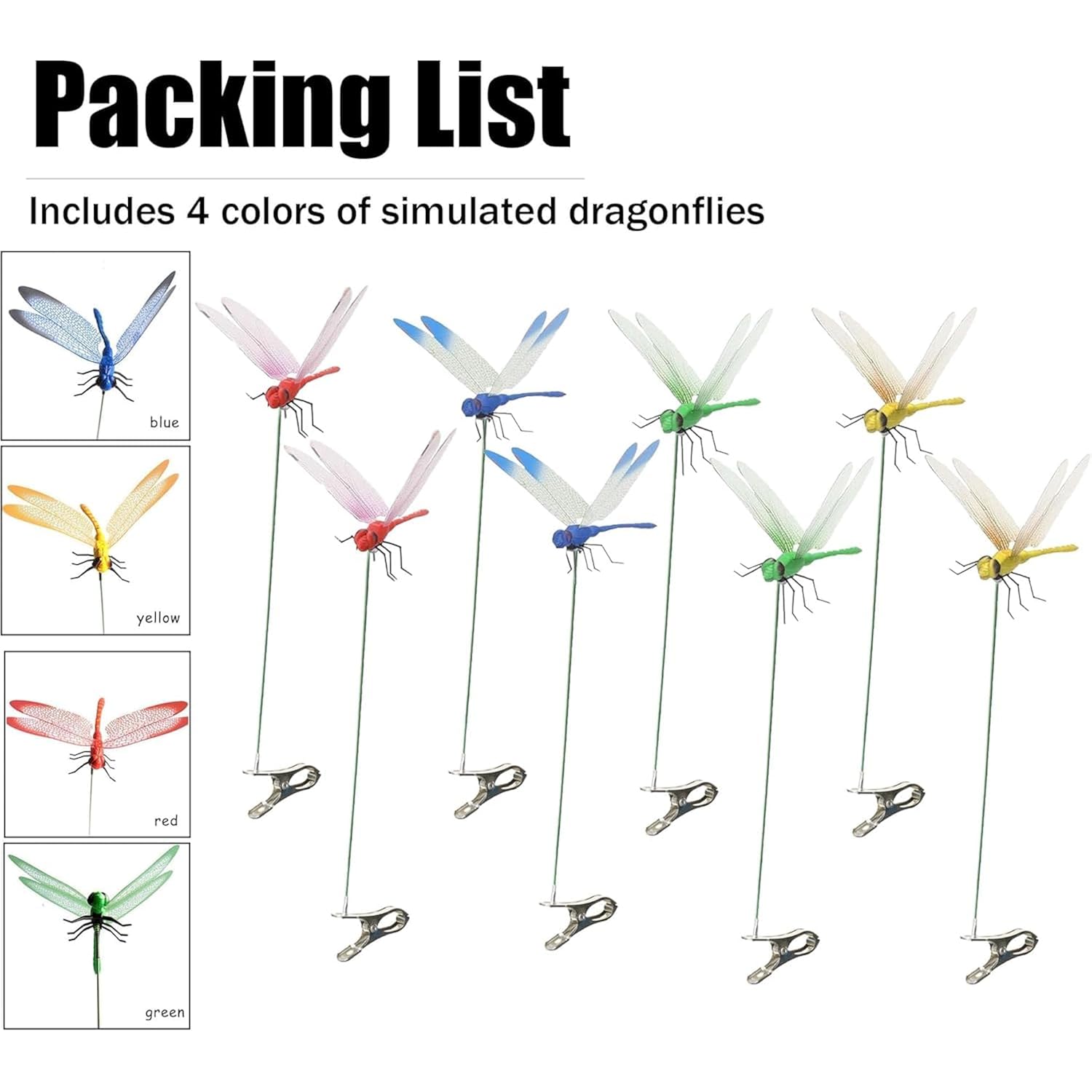 8-Pack Fake Dragonfly Clips, 3D Outdoor Garden Stakes | 3D Realistic Design, Sturdy Clip-On & Garden Stakes, Weatherproof Plastic, Mimics Natural Predator Of Horse Flies